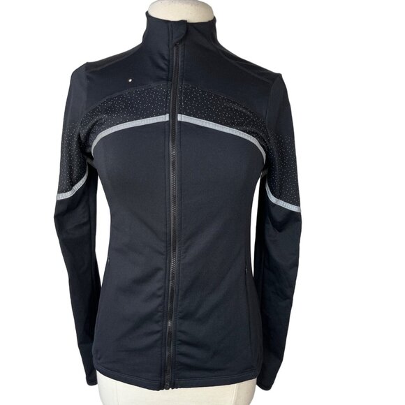 Fabletics Polka Dot Moira Front Zip Jacket Womens Small Black Gym Yoga - Picture 2 of 10